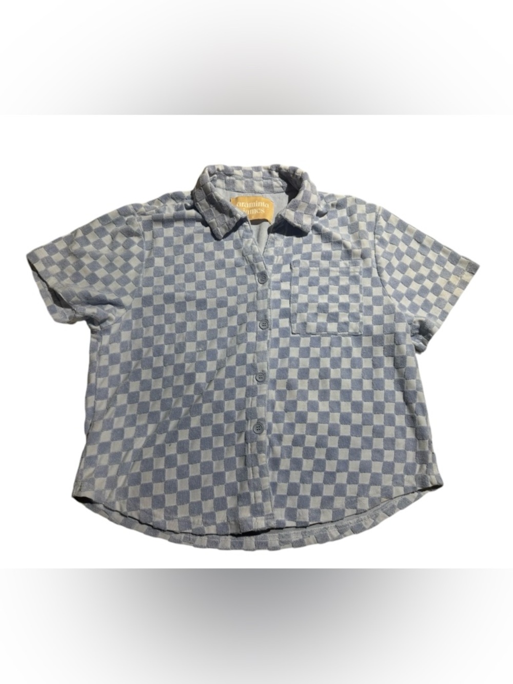 Araminta James Terry Shirt Retro Check Short Sleeve Button Down Top Small Blue